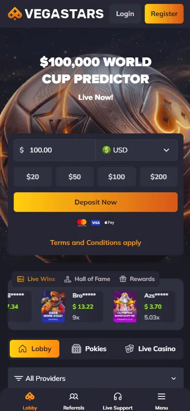 Vegastars Casino mobile browser home with casino games