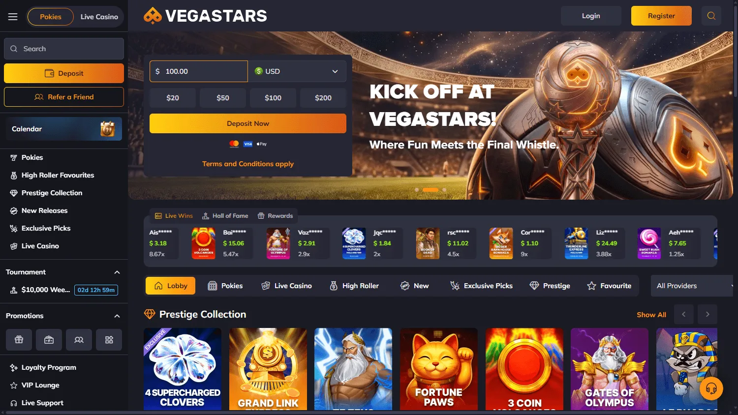 Vegastars Casino desktop home with casino games and promotional content