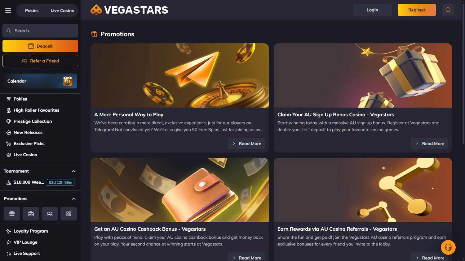 Vegastars Casino desktop promotions with bonuses, cashback and tournaments